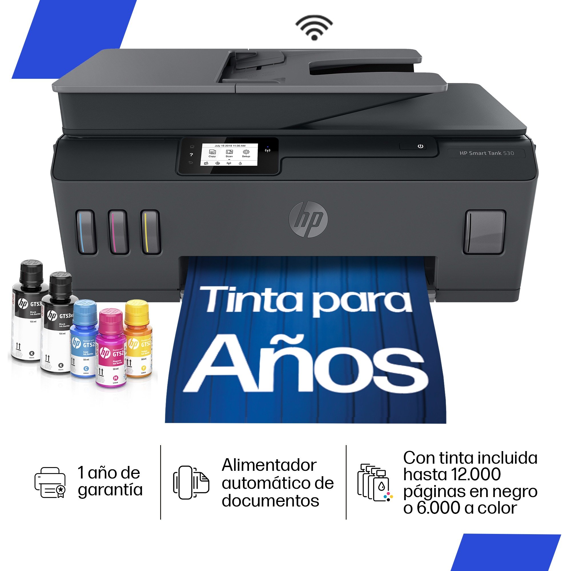 Impresora Multifuncional HP Smart Tank 530 Tinta Continua, Color, Wi-Fi, Smart App, ADF Alimentador Automático (4SB24A)