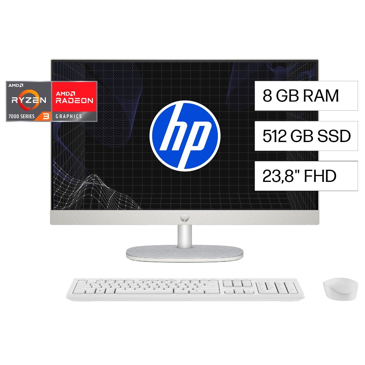 Todo-en-uno HP 24-cr0235la, AMD Ryzen 3, 8 GB RAM, 512 GB SSD, 23.8" FHD, Windows 11 Home