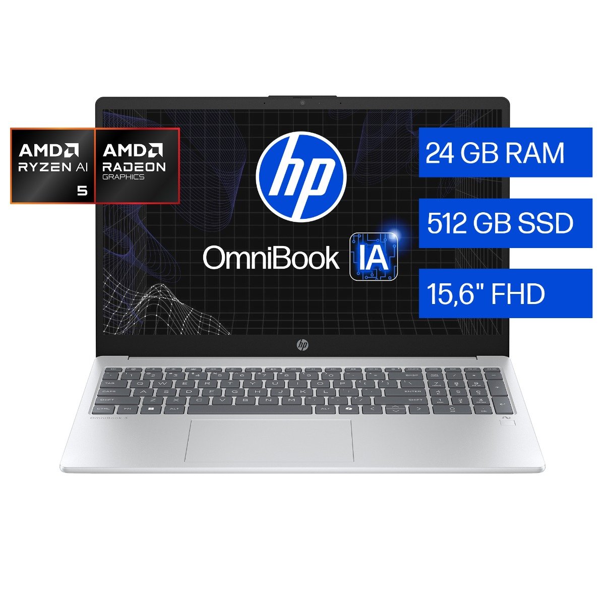 Notebook HP OmniBook 3 AI 15-fn0052la, AMD Ryzen AI 5, 24 GB RAM, 512 GB SSD, 15.6" FHD, Windows 11 Home