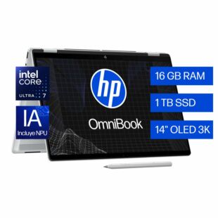 Notebook HP OmniBook X FlipNGAI 14-fm0072la, 14"", Pantalla táctil, Intel® Core™ Ultra 7, 16GB RAM, 1TB SSD, 3K, Plata glaciar, Windows 11 Home.