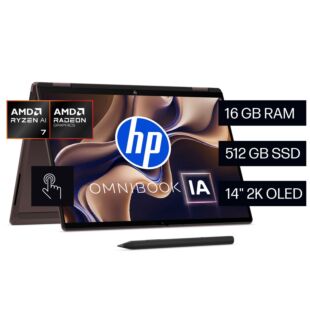 Notebook HP OmniBook X 14-kc0070la, AMD Ryzen AI 7, 16 GB RAM, 512 GB SSD, 14" Táctil 2K OLED, Windows 11 Home