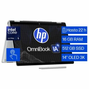 Notebook HP OmniBook X FlipNGAI 14-fm0051la, 14"", Pantalla táctil, Intel® Core™ Ultra 5, 16GB RAM, 512GB SSD, 3K, Plata glaciar, Windows 11 Home.