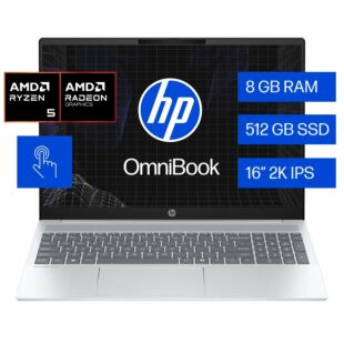 Notebook HP OmniBook 5 16-bc1052la, AMD Ryzen 5, 8 GB RAM, 512 GB SSD, 16"" Táctil 2K, Windows 11 Home