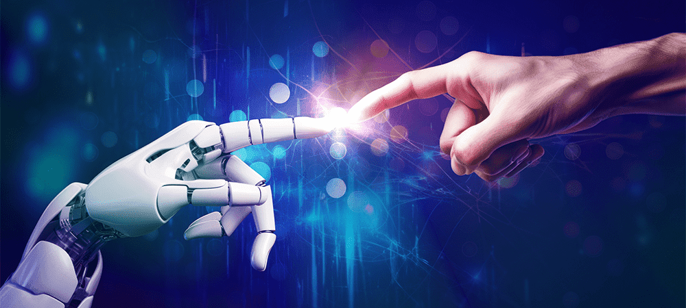 Mano robótica tocando la punta de un dedo humano, simbolizando la conexión entre la inteligencia artificial y la humana